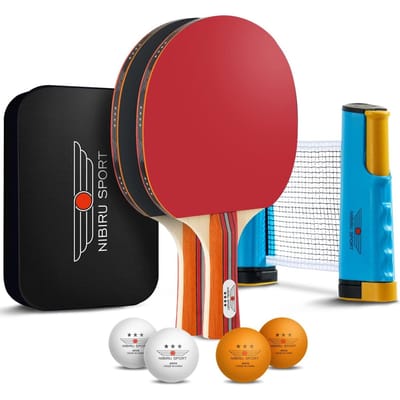 Nibiru Sport Tafeltennis Set met 2 Houten Batjes, 4 Pingpongballen en 1 Tafeltennis Net - Inclusief Opbergtas - Ping Pong Set voor Binnen en Buiten - Draagbare Pingpong Set - 3 Sterren Ballen - Tafeltennisnet Uitschuifbaar