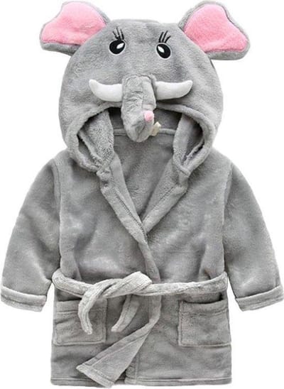 Kinder- en peuterbadjas met capuchon en zakken – olifant design – grijze flanellen badjas voor meisjes – maat 86/92 (1,5-2 jaar)