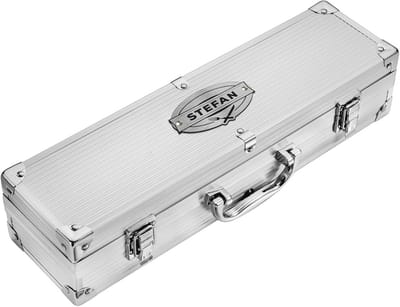 Grillkoffer Roestvrij Staal - BBQ Bestek Set - Buiten Koken - Met Opschrift - 37 cm - Zilver