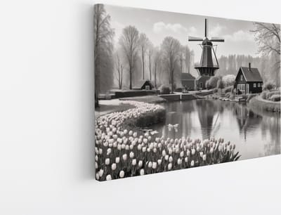Saammp Canvas Schilderij - Landschap - Molen - Zwart-Wit - Natuur - 45x30 - Foto op canvas - Wanddecoratie - Muurdecoratie Woonkamer - Slaapkamer decoratie - Canvas Print