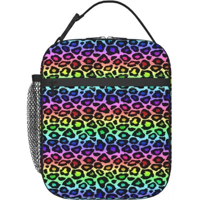 Kleurrijke Regenboog Luipaardprint Dierenhuid Cheetah Geïsoleerde Lunchtas voor Vrouwen Kinderen Voedseldozen Thermische Lunchbox Tote One Size black