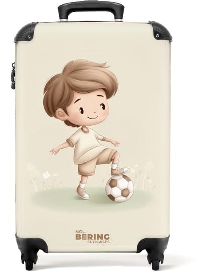 NoBoringSuitcases.com® - Kinderkoffer jongen - Kindertrolley jongens - Jongen met een voetbal in bruine tinten - Handbagage koffer lichtgewicht - Reiskoffer trolley kinderen - Rolkoffer met wieltjes - Past binnen 55x40x20 en 55x35x25