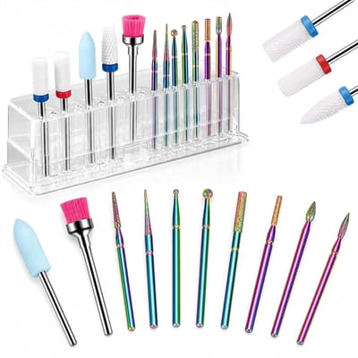 Complete 13-delige nagelfreesset met wolfraamcarbide, keramiek en diamantbits voor gelnagels, ideaal voor professionals en beginners in nagelverzorging