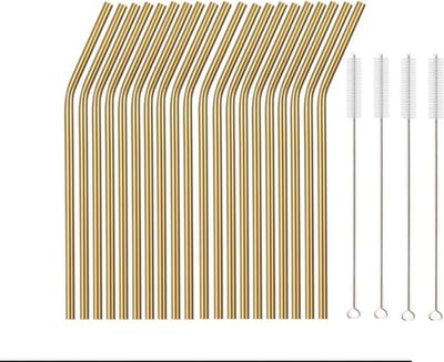 RVS rietjes - Herbruikbare rietjes - 20stuks - Goud - RVS - Gebogen rietjes - Duurzame rietjes - Incl 4 schoonmaakborstels