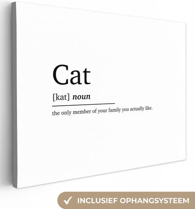 Canvas Schilderij Quotes - Huisdieren - Cat - Spreuken - Woordenboek - Kat definitie - 40x30 cm - Wanddecoratie