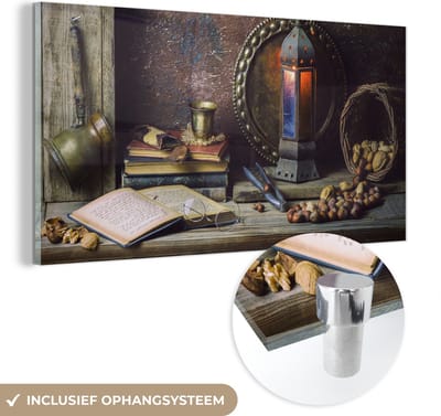 MuchoWow® Glasschilderij 120x60 cm - Schilderij acrylglas - Boek - Stilleven - Walnoot - Lantaarn - Vintage - Foto op glas - Schilderijen