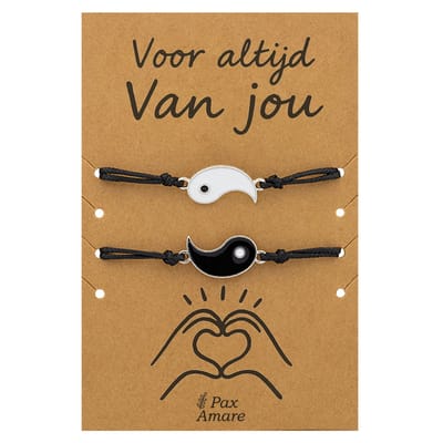 Koppel Armbandjes voor 2 "Voor altijd van Jou" - Yin Yang - Vriendschapsarmbandjes met Valentijn Cadeau Kaartje - Zilverkleurig - Elastisch Verstelbaar - Pax Amare