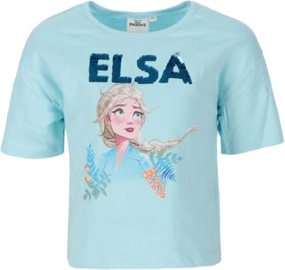 Frozen Elsa t-shirt met omkeerbare pailletten - Lichtblauw - Kort model! - maat 122/128