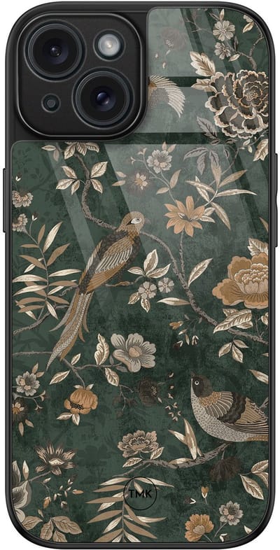 Hoesje geschikt voor Apple iPhone 15 - Khaki golden flowers - Groen - TPU luxe case (glossy toplaag) - Vogel - Hardcase backcover zwart