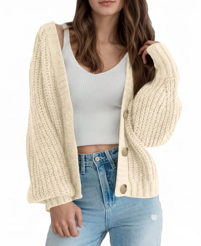 Dailygoods- Gebreid Vest Dames Korte V-hals - Casual Cardigan - Lantaarnmouwen - Knoopsluiting - Dikke Gebreide Stof - Comfortabel en Warm