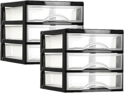 Plasticforte ladeblokje - bureau organizer - 2x - met 3 lades - transparant/zwart - L18 x B21 x H17 cm - kunststof