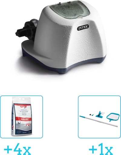 Intex QS1200 zoutwwatersysteem - Zwembaden tot 56.800 liter inclusief Zwembadzout 15 kg. (4 stuks) & Intex Onderhoudsset met telescoopsteel - 2-delig - 28002 (1 stuks)