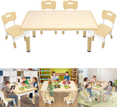 Froadp Houtkleur Kindertafel met 4 stoelen in hoogte verstelbaar Kindertafelgroep Grijs Kindertafelset Plastic kindermeubels Tafel Stoelset voor kinderkamer en kleuterschool Zitgroep vanaf 2 jaar 120x60cm