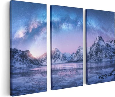 Artaza Canvas Schilderij Drieluik Melkweg Bij De Besneeuwde bergen - 120x80 - Foto Op Canvas - Canvas Print