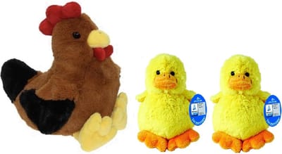 Pluche bruine kip - Haan knuffel - van 25 cm - met twee gele pluche kuikens 16 cm - Pasen decoratie