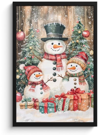 Poster in lijst - Fotolijst 40x60 cm - Posters - Sneeuwpop - Familie - Kleurrijk - Posterlijst zwart - Decoratie - Wanddecoratie woonkamer - Muurdecoratie slaapkamer