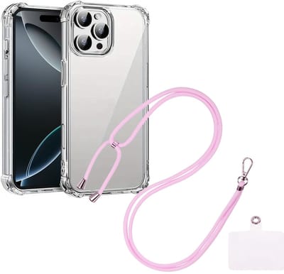 Shock Proof Case Hoes Geschikt voor iPhone 16 Pro Max Hoesje Transparant Met universele Telefoonkoord lichtroze - Cover - Nek Hanger - Koord Hoes