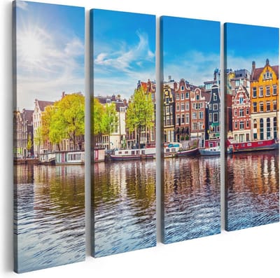 Artaza Canvas Schilderij Vierluik Amsterdamse Huisjes Aan Het Water - 80x60 - Foto Op Canvas - Canvas Print