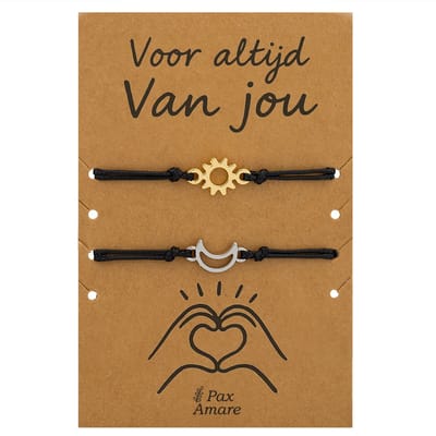 Koppel Armbandjes voor 2 "Voor altijd van Jou" - Zon & Maan - Vriendschapsarmbandjes met Valentijn Cadeau Kaartje - Zilverkleurig - Elastisch Verstelbaar - Pax Amare