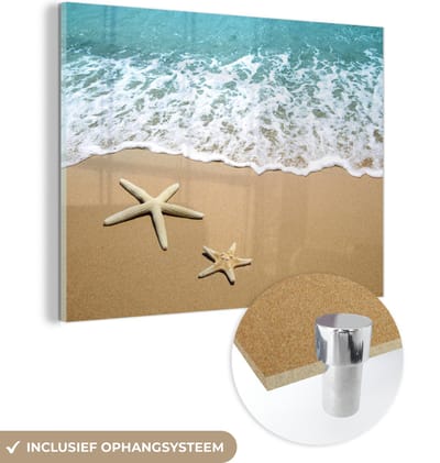 MuchoWow® Glasschilderij 160x120 cm - Schilderij acrylglas - Zeester - Strand - Zee - Foto op glas - Muurdecoratie woonkamer - Wanddecoratie slaapkamer - Schilderijen