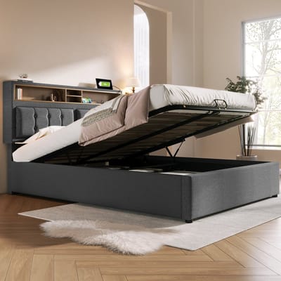 Wishdor Gestoffeerd Tweepersoonsbed 140x200 cm – Verstelbaar Hoofdbord – Opberghoofdbord met Stopcontact en USB/Type-C – Inclusief Matras – Linnen – Grijs