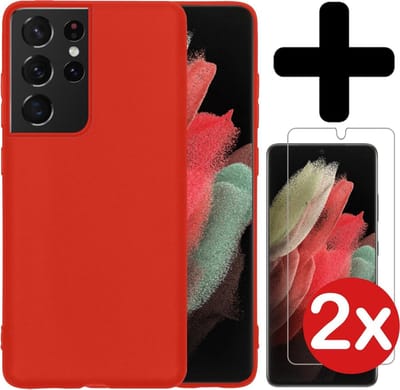Hoesje - Met 2x Screenprotector - Geschikt voor Samsung Galaxy S21 Ultra - Sterk & Shockproof - Telefoon Hoes - Back Cover - Siliconen Case - Telefoonhoes - Rood