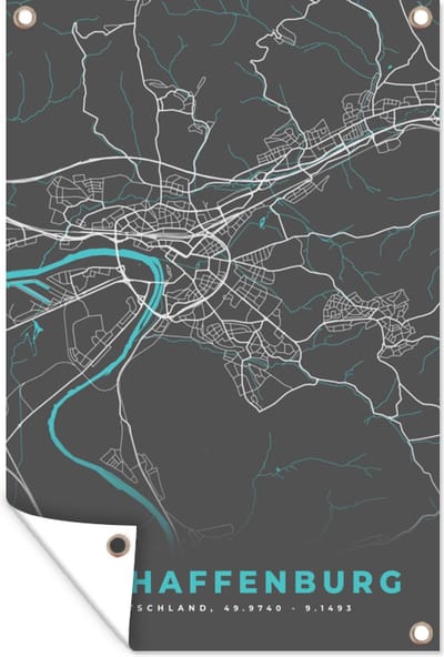 Muurdecoratie Stadskaart – Kaart – Aschaffenburg – Blauw – Duitsland – Plattegrond - 120x180 cm - Tuinposter - Tuindoek