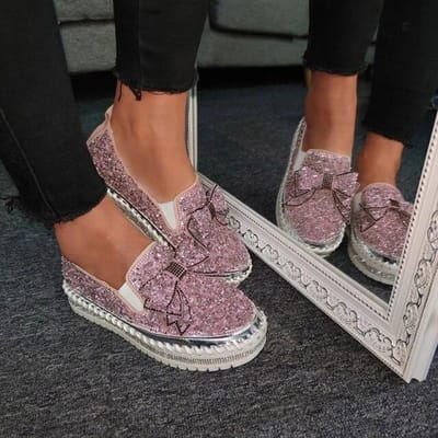 Roze Dames Glanzende Strass Loafers Strik Slip-On Dikke Zool Casual Dames Kristallen Schoenen Vrouwelijke Platform Schoenen 38 brown