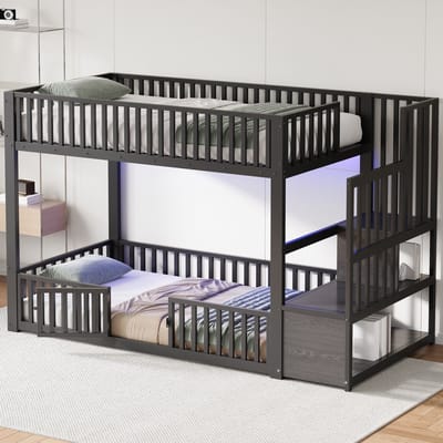 MODENUIT Stapelbed 90x200 cm – Twee Eenpersoonsbedden – Met ledverlichting en opbergladder – Zonder matras – Zwart