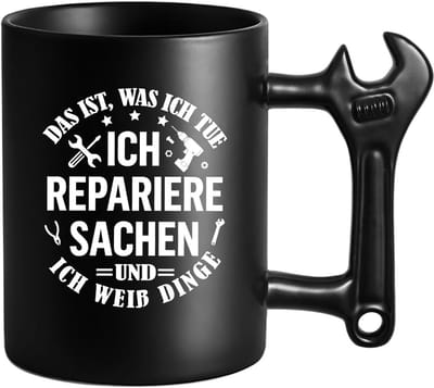 Koffiemok met moersleutel - Cadeau mok - Koffie drinken - Unieke handgreep - 350 ml - Zwart