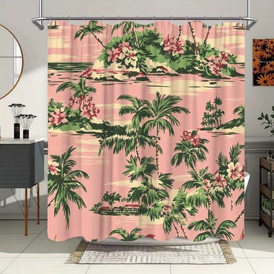 1 stuks Tropisch Strand Douchegordijn - Retro Vintage Kustontwerp met Roze Zonsondergang, Palmbomen & Hibiscusbloemen - Duurzaam Polye 90x180cm35x71in beige