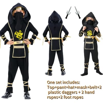 Costume Cosplay Enfant Ninja Halloween pour Garçons Filles Costumes Samouraï KungFu Dragon Ninjago Combinaison Avec Trident Tenues S (110CM-120CM) black