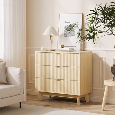 Moderne Commode Met 3 Lades - Geribbelde Houtlook - Voor Slaapkamer - Natuurlijke houtkleur