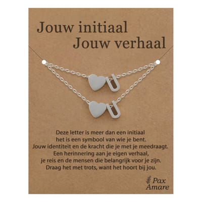 Letter U ketting + armband set op Cadeau Kaartje - Jouw initiaal, jouw verhaal - Zilverkleurig Stainless Steel - Initiaal & Hartje Hanger - Pax Amare