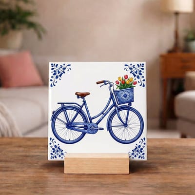 Delftsblauw Tegeltje 11x11 Fiets met Tulpen – Hollandse Wanddecoratie Cadeau