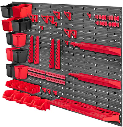KADAX Werkplaatswandrek, 116 x 78 cm, opslagsysteem van robuust kunststof, uv-bestendig werkplaatsrek, uitbreidbare wandplaten, opbergrek voor garage, rood, 61 stuks