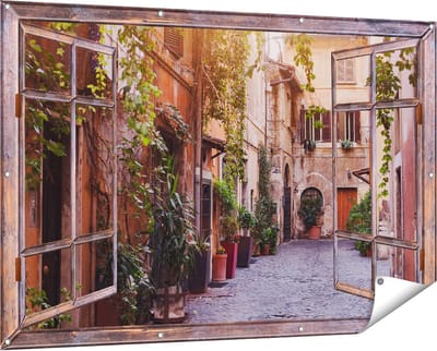 Gards Tuinposter Doorkijk Straatje in Rome met Groene Planten - 150x100 cm - Tuindoek - Tuindecoratie - Wanddecoratie buiten - Tuinschilderij