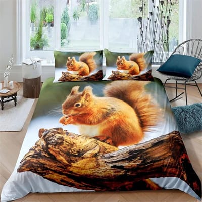 3D Eekhoorn Koning Koningin Dekbedovertrek Mooie Dieren Beddengoed Set voor Kinderen Tieners Volwassenen Wilde Dieren Groene Bladeren Zacht 2/3-delig Dekbedovertrek 70x133cm 2pcs