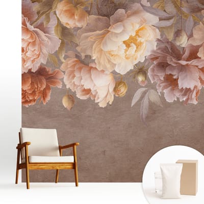 Wallfluent Behang - Bloemige elegantie Muurbehang - 250x250 cm - Bruin Behang - Voor liefhebbers van natuur en botanische kunst - Behang Voor de keuken, woonkamer en kantoor - Behangrol Bloemen en planten