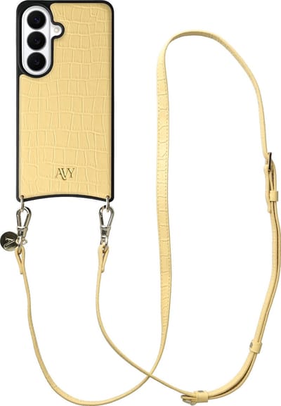 AVY Leren Hoesje Geschikt voor Samsung Galaxy S26 | Compatibel met MagSafe | Leather Case met Telefoonkoord | Crossbody | Croco Geel | Long Leather