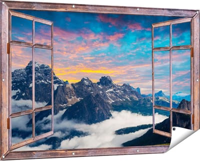 Gards Tuinposter Doorkijk Bergen Landschap met Wolken in Italië - 150x100 cm - Tuindoek - Tuindecoratie - Wanddecoratie buiten - Tuinschilderij
