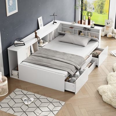 VVBV Kinderbed met Opbergruimte 90x200 cm - Lades, Kledingkast, Planken, Voor Kinderen/Tieners - Wit - Zonder Matras