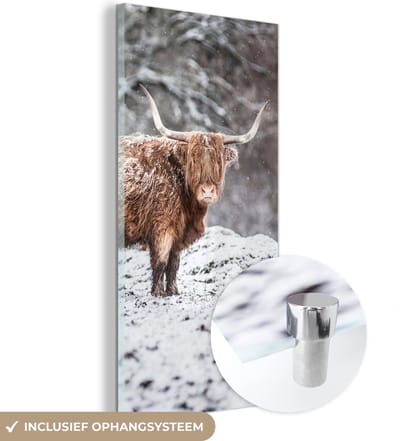 MuchoWow® Glasschilderij 20x40 cm - Schilderij acrylglas - Schotse Hooglander - Boom - Sneeuw - Foto op glas - Schilderijen