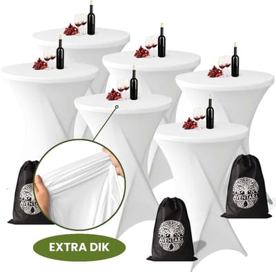 Statafelrok Wit x 6 – ∅80-85 x 110 cm met Opbergtas – Statafelhoes Stretch Stof – Kras- en Vouwvrije Statafel Rok Extra Dik – Sta Tafelrok - 6 Stuks – Statafelhoezen Voor Horeca, Evenementen, Feest, Bruiloft en Partijen