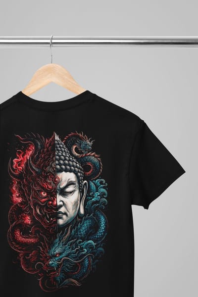 Oversized shirt - Duo boeddha draak - Wurban Wear | Draak | Anime streetwear | Asian streetwear | Streetwear | Geisha | Techno outfit | Fantasy shirt | Gym shirt | y2k | Tattoo | Urban | Grote maten | Japanese mythology | Samurai | Zwart