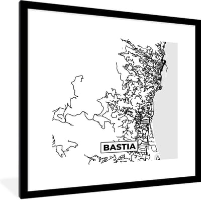 Fotolijst incl. Poster Zwart Wit- Frankrijk – Kaart – Plattegrond – Stadskaart - Bastia - Zwart wit - 40x40 cm - Posterlijst