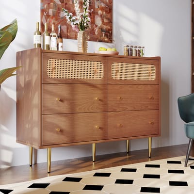 Opbergkast met laden 120x40x90 cm - zes laden - rotan zijkast - hoge kast - walnootkleur