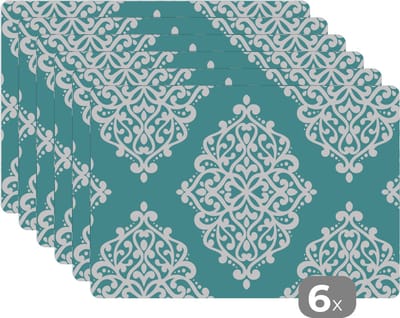 Placemat - Placemats kunststof - Bloemen - Wit - Blauw - Vintage - Patronen - 45x30 cm - 6 stuks - Hittebestendig - Anti-Slip - Onderlegger - Afneembaar