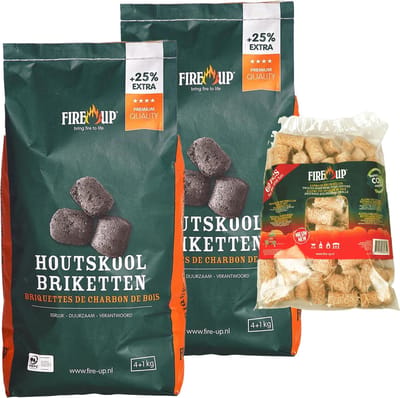 BBQ starterspakket - houtskool briketten 10 kilo - barbecue aanmaak houtwolkrullen 60x