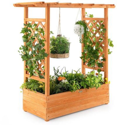 Plantenbak met klimrek - Bloembak - Weerbestendig - Met trellis - Buiten - Hout - Plantenrek - Oranje